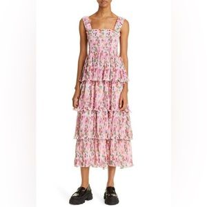 PLEATED GEORGETTE SMOCK MIDI DRESS